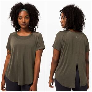 Lululemon Open Up Tie Back Tee Dark Olive Green Plus Size 14 Short Sleeve